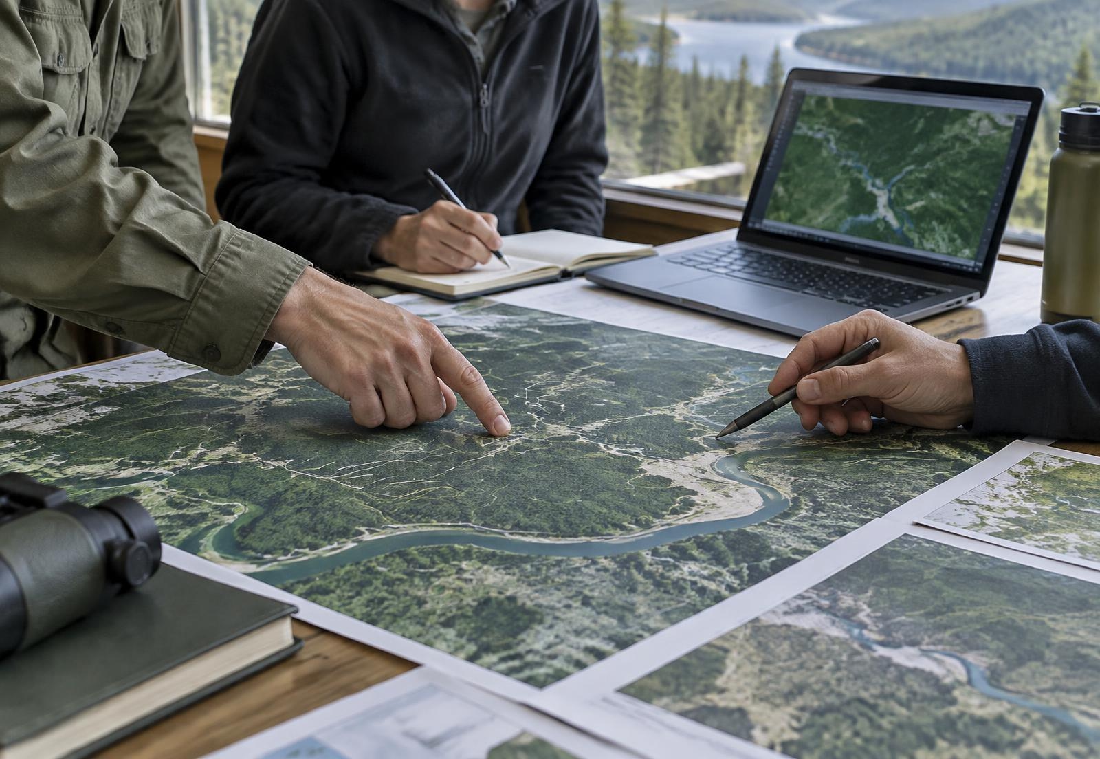 Analyse cartographique des écosystèmes forestiers — Illustration générée par IA, ne représente pas un projet GCP.